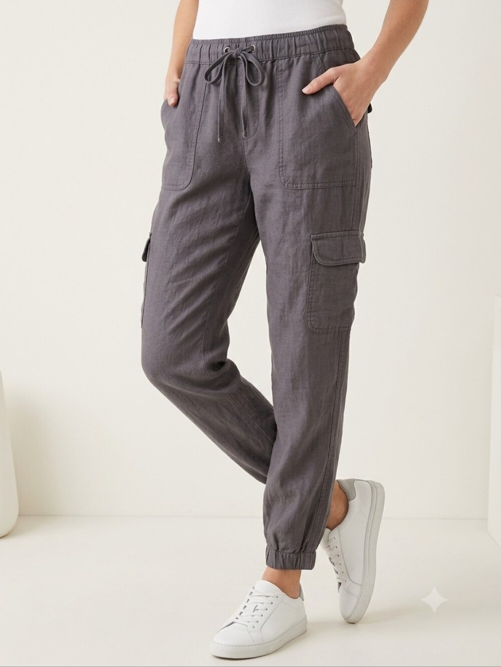 ​Nicole Miller 100% Linen Grey Cargo Jogger Pants S Gorpcore Streetwear Casual